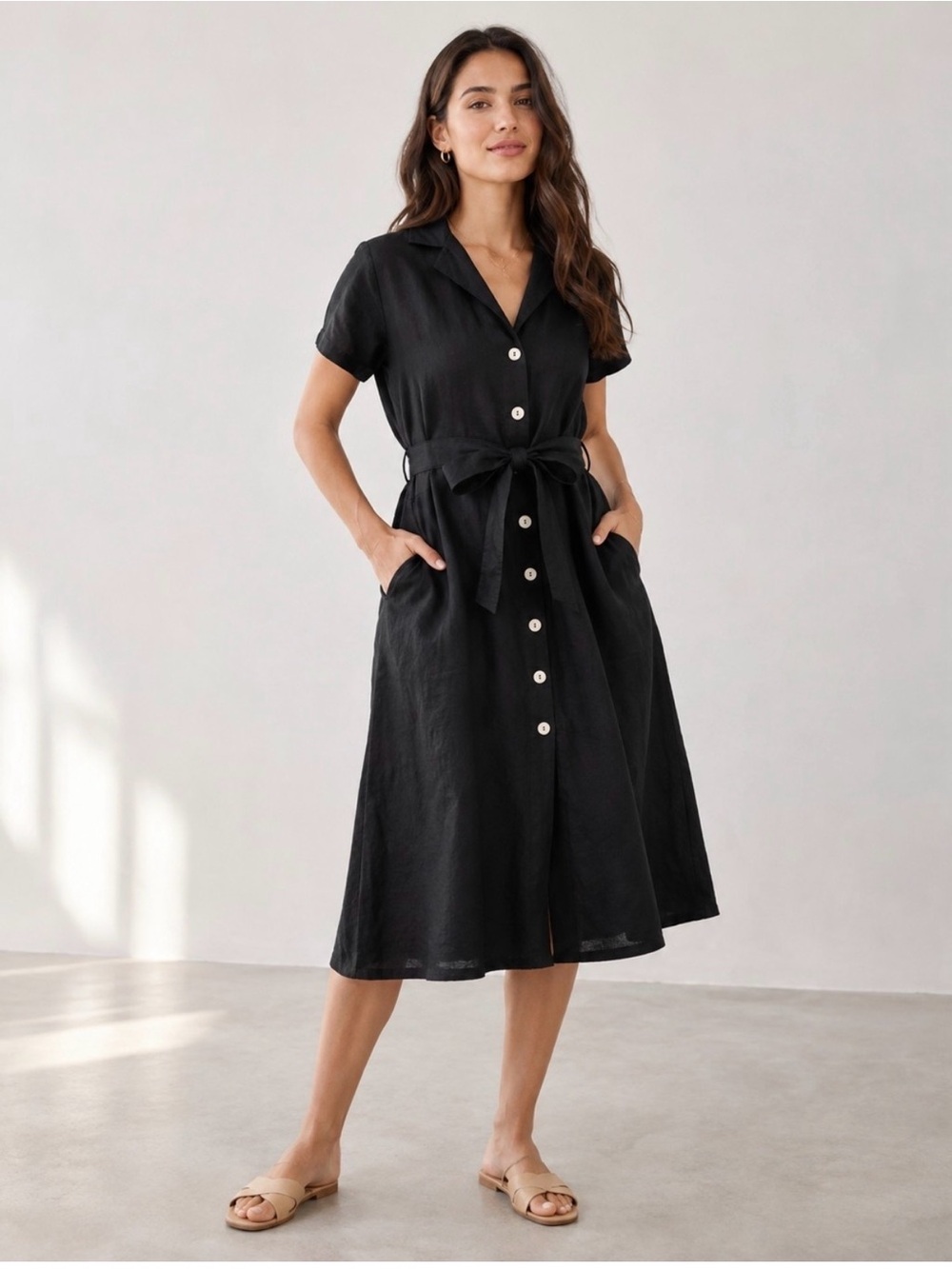 Classic Quince 100% Linen Black Shirt Dress With Pockets INCLUDES BELT